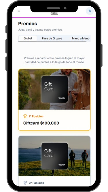 Pantalla de premios con gift cards